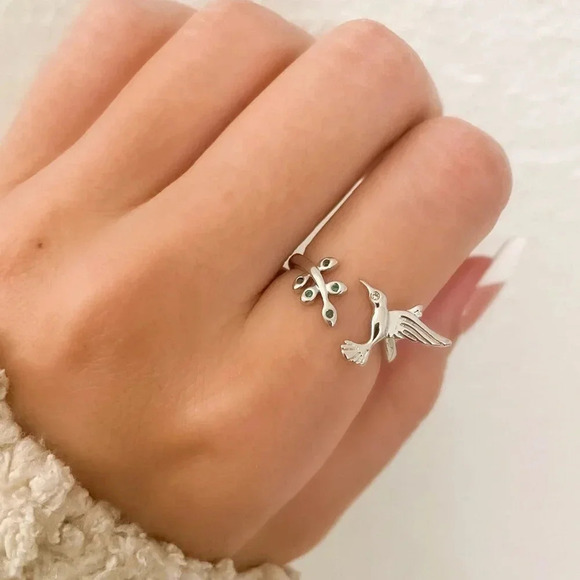925 Sterling Silver Hummingbird Ring Bird Ring Tree Branch Ring Leaf Ring - Picture 1 of 9